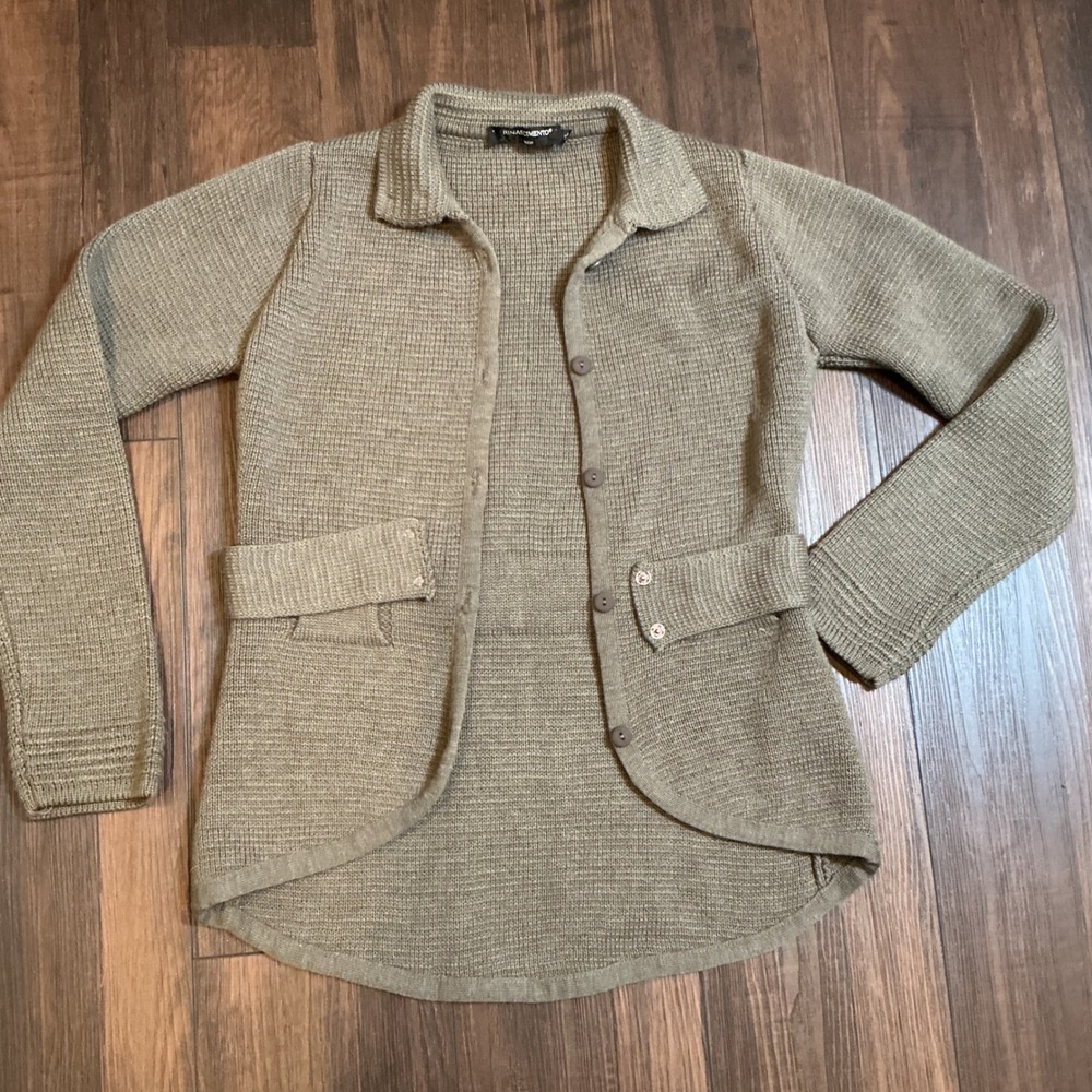 Rinascimento Italy Merino Wool Waffle Knit Cardigan Taupe Green M/L Sweater